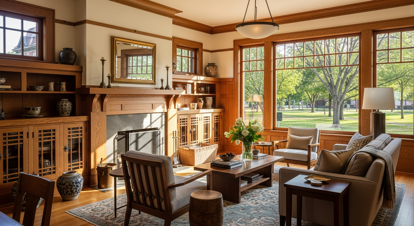 Restored historic Denver bungalow interior with warm wood built-ins and large windows overlooking a leafy park